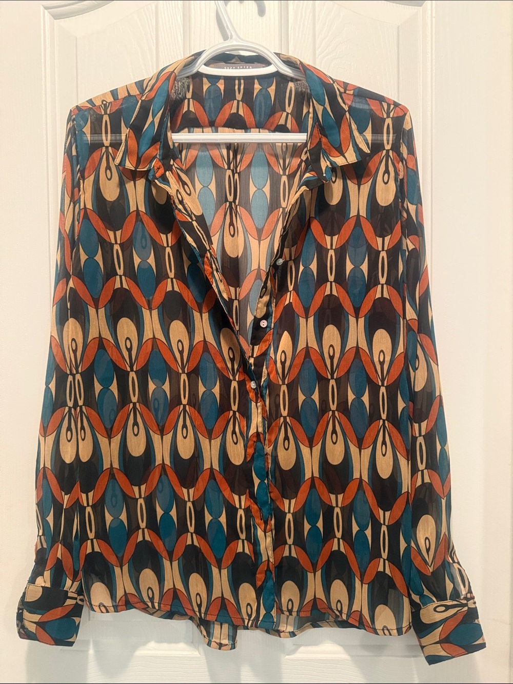 Suzy Shier Retro Geometric Button-Down Blouse in Teal, Rust, Cream, Black
